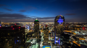 An image of downtown Dallas taken at night while rooftopping.