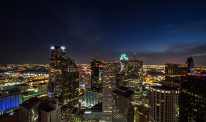Dallas skyline at night taken from a roof.
