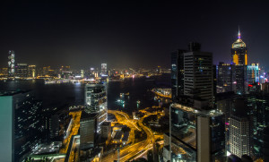 Rooftopping in Hong Kong; view of the city at night