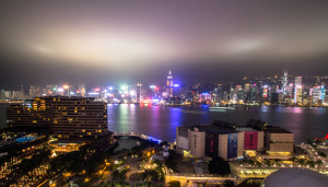 View of Hong Kong bay taken at night while rooftopping
