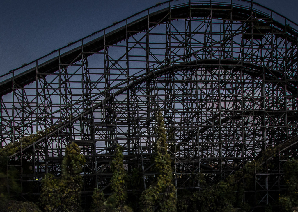 Side view of the Aska rollercoaster at night, taken while exploring Nara Dreamland in Japan.