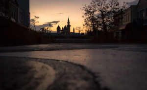 An image of The Castle at Nara Dreamland in Japan; taken while the sun is setting.
