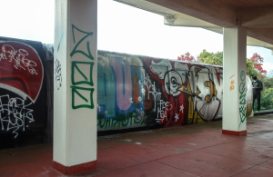 Side view of the train at Nara Dreamland, covered in graffiti