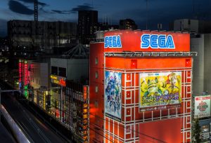Sega Building photographed at night in Akihabara while rooftopping