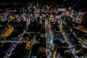 Image of streets in Tokyo, Japan, at night taken while rooftopping.