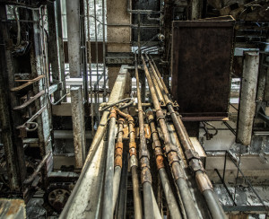 Rusted piping in an abandoned slaughterhouse in Hong Kong