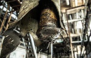 Sludge pipe; photographed in an abandoned slaughterhouse in Hong Kong