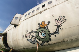 Close-up of graffiti on an abandoned Boeing 747